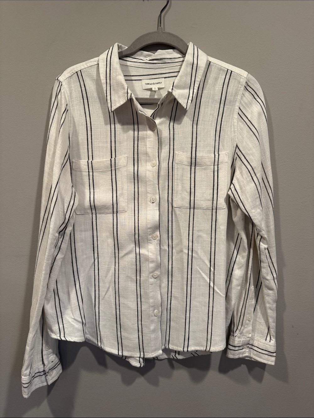 Thread & Supply White Long-Sleeve Button-Down Shirt with Black Stripes- Large